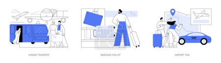 Illustration for Airport arrivals abstract concept vector illustration set. Airside transfer, airport bus, baggage claim, luggage pick up from conveyor, taxi service, commercial air transport abstract metaphor. - Royalty Free Image