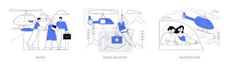 Illustration for Aerial transport abstract concept vector illustration set. Air taxi, rescue helicopter, aviation industry, helicopter tour and excursion, commercial airway transportation abstract metaphor. - Royalty Free Image