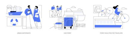 Illustration for Ferry boat abstract concept vector illustration set. Urban waterways, car ferry, facilities for travelers, commercial water transport, passenger transportation, urban harbor abstract metaphor. - Royalty Free Image