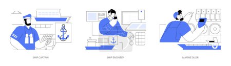 Illustration for Sea transport professions abstract concept vector illustration set. Ship captain in uniform, marine engineer and oiler occupation, crew management, vessel technical inspection abstract metaphor. - Royalty Free Image