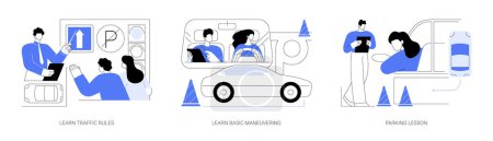 Illustration for Car driving school abstract concept vector illustration set. Learn traffic rules, basic maneuvering, road safety rules, parking lesson, personal instructor, get driving license abstract metaphor. - Royalty Free Image