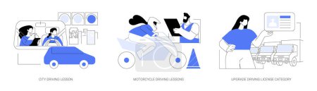 Illustration for New driving license abstract concept vector illustration set. City driving lesson, motorcycle training, practicing ride, upgrade driving license category, personal instructor abstract metaphor. - Royalty Free Image