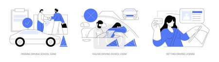 Illustration for Driving test abstract concept vector illustration set. Successful passing driving school exam, sad driver failing test, steering wheel, getting license, car driver scorecard abstract metaphor. - Royalty Free Image