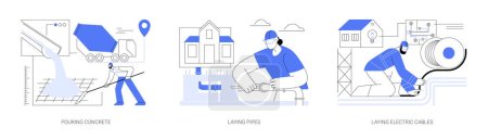 Residential building utilities installation abstract concept vector illustration set. Pouring concrete, laying pipes and electric cables, water supply and sewerage, contractors job abstract metaphor.
