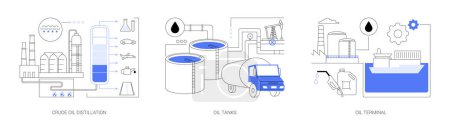 Illustration for Oil refinery abstract concept vector illustration set. Crude oil distillation, petroleum tanks, coastal oil and gas terminal, petroleum products, fuel transportation abstract metaphor. - Royalty Free Image