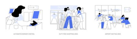 Illustration for Airport environment abstract concept vector illustration set. Automated border control, duty free shopping area, airport waiting area for passengers, international terminal abstract metaphor. - Royalty Free Image