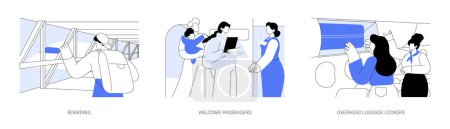 Illustration for Before plane departure abstract concept vector illustration set. Boarding a plane, airport gate, smiling flight attendants welcome passengers, puts baggage in luggage lockers abstract metaphor. - Royalty Free Image