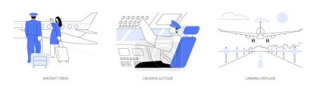 Airway transportation abstract concept vector illustration set. Aircraft crew in uniform, pilot in cockpit during flight, cruising altitude, landing airplane, arrival at airport abstract metaphor.