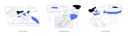 Illustration for Water sports abstract concept vector illustration set. Jetski riding, wakeboarding extreme hobby, water skiing, sea transport, summer active lifestyle, maritime adventure abstract metaphor. - Royalty Free Image