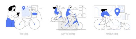 Illustration for City bike rental abstract concept vector illustration set. Rent a bike with smartphone app, cycling around city streets, return bicycle to the station, vehicle sharing service abstract metaphor. - Royalty Free Image