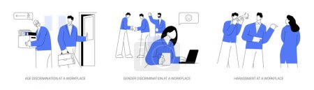 Illustration for Inequality at workplace abstract concept vector illustration set. Age and gender discrimination at a workplace, harassment at work, employees equality and opportunities in company abstract metaphor. - Royalty Free Image