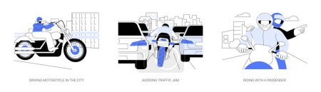 Illustration for Riding motorbike abstract concept vector illustration set. Man in helmet driving motorcycle in the city, avoiding traffic jam, riding with a passenger, extreme personal transport abstract metaphor. - Royalty Free Image