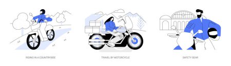 Illustration for Motorcycle driver abstract concept vector illustration set. Riding motorbike in a countryside, travel by motorcycle in mountains, safety gear, off road vehicle, summer adventure abstract metaphor. - Royalty Free Image