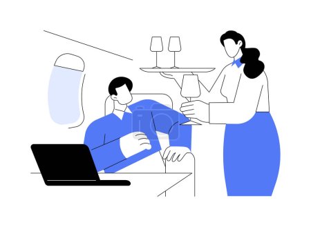 Illustration for Business class service abstract concept vector illustration. Smiling stewardess offers food and drinks to the passenger, business class travel, luxury work trip abstract metaphor. - Royalty Free Image
