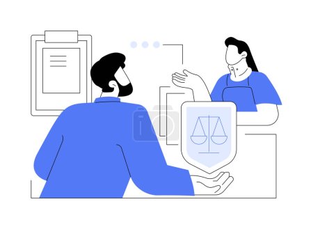 Illustration for Employment lawyer abstract concept vector illustration. Woman talking to lawyer about employee rights, business people equality, legal service, banking and finance sector abstract metaphor. - Royalty Free Image
