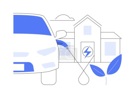 In-home EV cargador abstracto concepto vector ilustración. Hombre usando en el hogar EV cargador para su coche, medio ambiente ecología, transporte urbano sostenible, metáfora abstracta automóvil eléctrico.