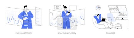 Illustration for Stock market abstract concept vector illustration set. Stock market trader, trading platform, automated trading system, investment process, raising money, statistics and analytics abstract metaphor. - Royalty Free Image