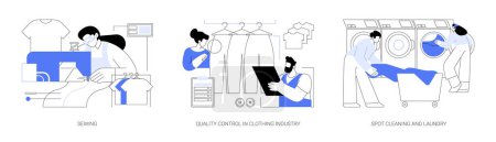 Illustration for Garment manufacturing abstract concept vector illustration set. Sewing clothes, quality control in clothing industry, spot cleaning and laundry, apparel production, light industry abstract metaphor. - Royalty Free Image