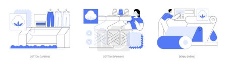 Illustration for Denim manufacturing abstract concept vector illustration set. Cotton carding, spinning machinery at light industry factory, denim dyeing, jeans production, textiles and clothing abstract metaphor. - Royalty Free Image