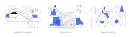 Illustration for Asphalt paving abstract concept vector illustration set. Removal of old asphalt, paver truck, drum roller compactor, heavy machinery and equipment, road construction abstract metaphor. - Royalty Free Image