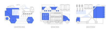 Farm machinery abstract concept vector illustration set. Harvesting grain on the field, moving wheat truck, grain auger, agricultural products storage, industrial transport abstract metaphor.