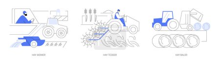 Illustration for Efficient agronomic abstract concept vector illustration set. Hay mower, aerating machine, automated rake, farmer using hay baler on the field, agricultural machinery abstract metaphor. - Royalty Free Image