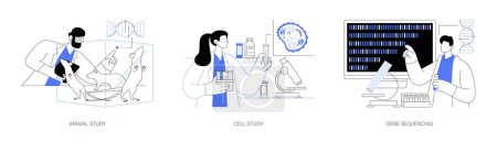 Illustration for Lab research abstract concept vector illustration set. Animal study, body cells examination, gene sequencing, laboratory experiment, medicine discovery, biotechnology abstract metaphor. - Royalty Free Image