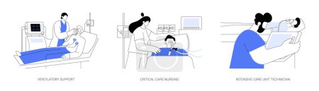 Illustration for Critical care medicine abstract concept vector illustration set. Ventilatory support, critical care nursing, intensive care unit technician, coma patient in hospital, medical help abstract metaphor. - Royalty Free Image