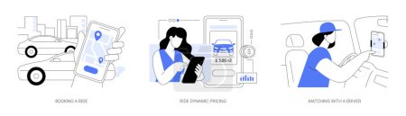 Illustration for Rideshare company abstract concept vector illustration set. Booking a ride, ride dynamic pricing, matching with a driver, smartphone app, taxi pick up point, transportation network abstract metaphor. - Royalty Free Image