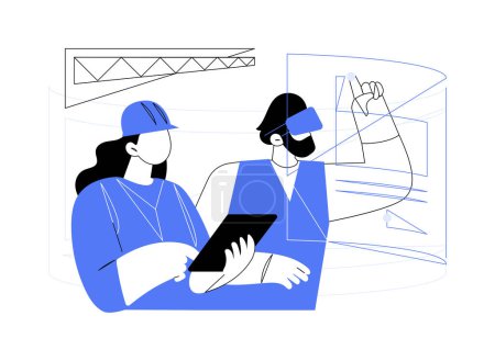 VR en la construcción abstracta concepto vector ilustración. Grupo de contratistas probando auriculares VR durante el proceso de construcción, innovación de edificios, metáfora abstracta de la tecnología moderna de IA.