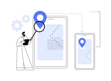 Cross-device tracking abstract concept vector illustration. Uso de múltiples dispositivos e informes, un perfil de usuario, capacidad de seguimiento entre dispositivos, análisis, metáfora abstracta de identificación de dispositivos.