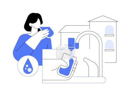Illustration for Home water purifier abstract concept vector illustration. Person picks up a glass of clean water from the crane, ecology environment, home beverage purification, health care abstract metaphor. - Royalty Free Image