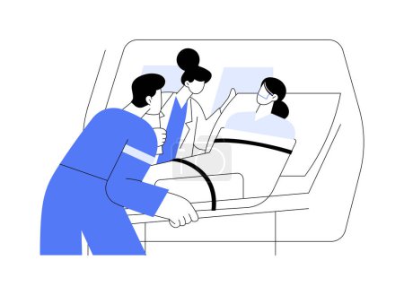 Illustration for Patient transportation abstract concept vector illustration. Woman picked up by paramedics in ambulance machine, emergency medical services, go to hospital, healthcare sector abstract metaphor. - Royalty Free Image