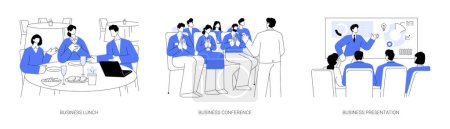 Illustration for Offline business events abstract concept vector illustration set. Company workers at business lunch, conference event in office, marketing strategies discussion and presentation abstract metaphor. - Royalty Free Image