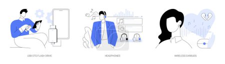 Illustration for Gadgets and accessories abstract concept vector illustration set. USB OTG flash drive, listening to music with headphones and wireless earbuds, external memory, mobile technology abstract metaphor. - Royalty Free Image