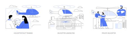 Téléchargez les illustrations : Hélicoptères à usage professionnel ou privé concept abstrait vectoriel illustration ensemble. Formation de pilote d'hélicoptère avec instructeur, piste d'atterrissage d'hélicoptère, aire d'héliport, métaphore abstraite d'hélicoptère privé. - en licence libre de droit