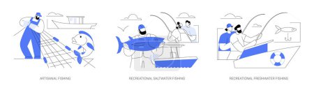Illustration for Small-scale fishing abstract concept vector illustration set. Artisanal fishing, hobby and recreational saltwater and freshwater trawling, fresh catch, usage of rod and tackle abstract metaphor. - Royalty Free Image