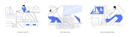Illustration for Sailing yacht abstract concept vector illustration set. Boat leaving a berth, setting a sail, personal yacht maneuvering, boat owner, water transport, luxury vessel in sea port abstract metaphor. - Royalty Free Image