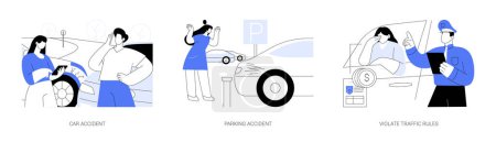Illustration for Road traffic accident abstract concept vector illustration set. Car accident, scratching a car while parking, violate traffic rules, car breakdown, parking fine ticket abstract metaphor. - Royalty Free Image
