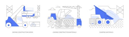 Illustration for Heavy construction machinery abstract concept vector illustration set. Moving construction goods, loading building materials, dump truck unloading gravel, industrial transport abstract metaphor. - Royalty Free Image