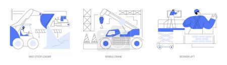 Illustration for Industrial transport abstract concept vector illustration set. Skid steer loader, mobile crane mounted on crawlers, scissor lift, heavy construction machinery and equipment abstract metaphor. - Royalty Free Image