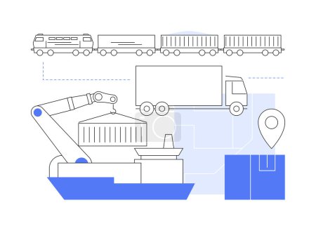 Illustration for Container transportation abstract concept vector illustration. Industrial container cargo, logistics transportation, crane lifts box, ship loading, freight train, truck on road abstract metaphor. - Royalty Free Image