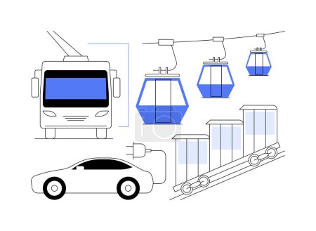 Illustration for Cable transport abstract concept vector illustration. Cable ways, transport modes, ev electric car bus, old funicular, trolleybus, carrying tourists, ski slopes, close up cabine abstract metaphor. - Royalty Free Image
