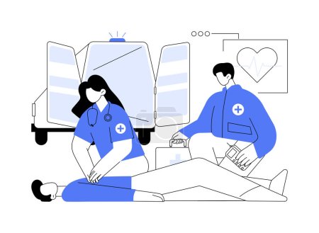 Téléchargez les illustrations : Illustration vectorielle abstraite du concept CPR. Groupe d'ambulanciers paramédicaux sauvant des vies, réanimation cardiopulmonaire, procédure de RCR, compressions thoraciques, métaphore abstraite des services médicaux d'urgence. - en licence libre de droit