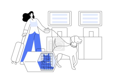 Illustration for Flying with a pet abstract concept vector illustration. Woman with dog at the airport, airway transportation, commercial air transport, travelling with pets together abstract metaphor. - Royalty Free Image