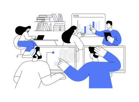 Illustration for Workspace abstract concept vector illustration. Group of diverse people using laptops and common workspace, virtual classrooms, data visualizations, online training abstract metaphor. - Royalty Free Image