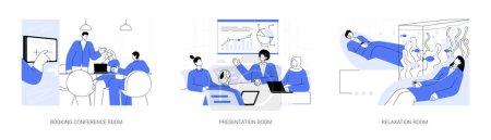 Illustration for Office facilities abstract concept vector illustration set. Booking conference room, presentation and relaxation zone, office life, teamwork organization at workplace abstract metaphor. - Royalty Free Image