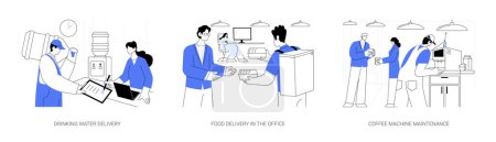Illustration for Office delivery service abstract concept vector illustration set. Drinking water and food order, coffee machine maintenance, corporate services for employees, office life abstract metaphor. - Royalty Free Image