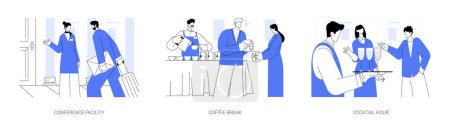 Illustration for Event services abstract concept vector illustration set. Conference facility, coffee break, catering service, greeting guest, business travel, hotel service, accommodation facility abstract metaphor. - Royalty Free Image