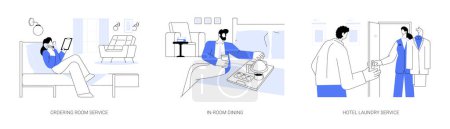 Illustration for Business accommodation facilities abstract concept vector illustration set. Ordering room service, in-room dining, hotel laundry service, dry cleaning and ironing clothes abstract metaphor. - Royalty Free Image